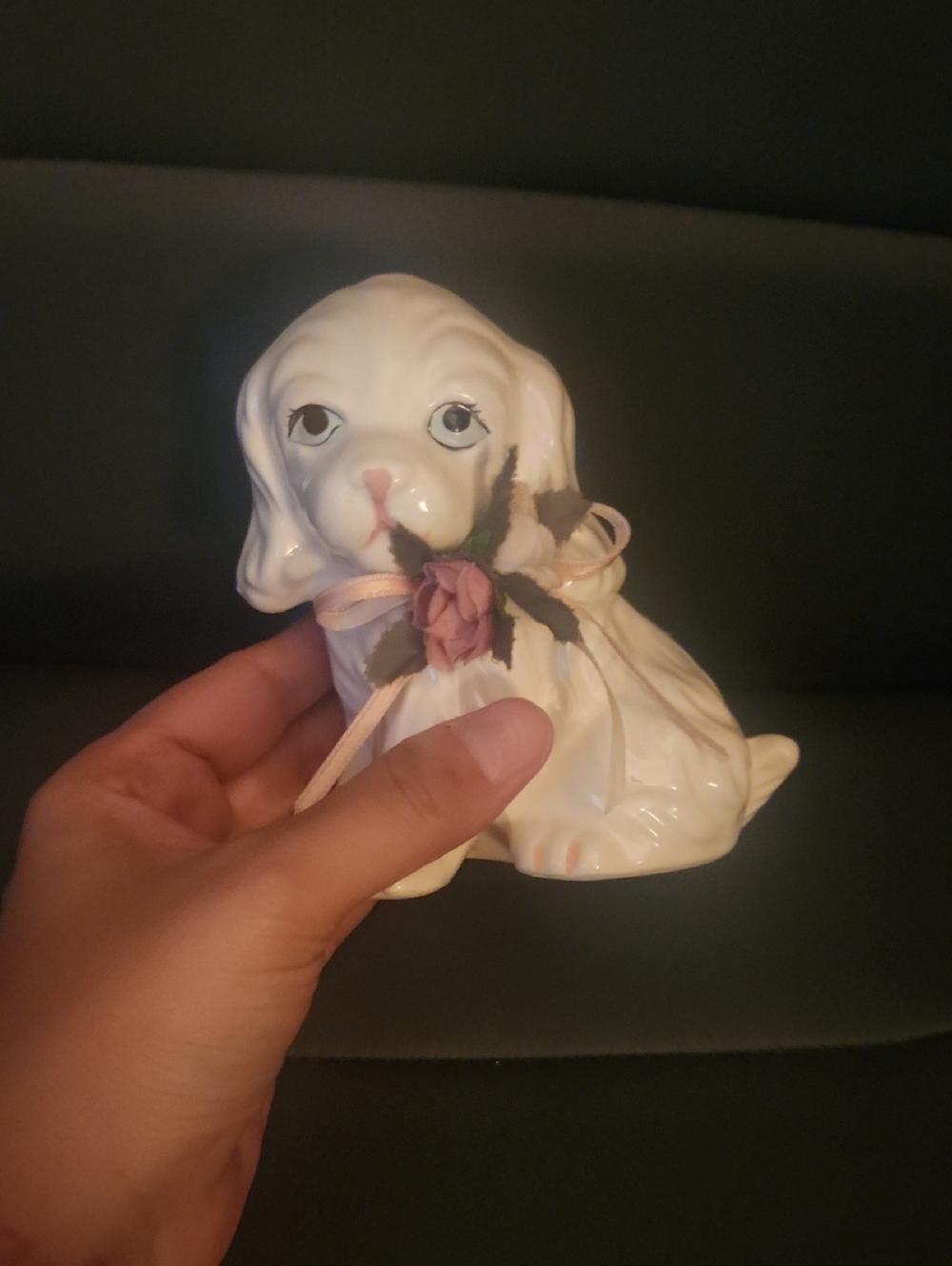 White Ceramic Puppy Figurine with Pink Rose Accent